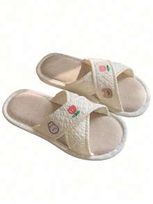 Pantuflas de lino para mujer, con diseños lindos de fresa, oso y conejo, de estilo dulce, planas, antideslizantes, con suela suave y cálida, adecuadas para uso en interiores, para niñas y estudiantes, en primavera, otoño e invierno - Blanco - Ver 7