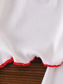 2pcs Baby Girls Cute Simple Cherry Embroidery Crew Neck Short Sleeve T-Shirt + Matching Solid Color Flare Pants Set, Summer - White - View 5