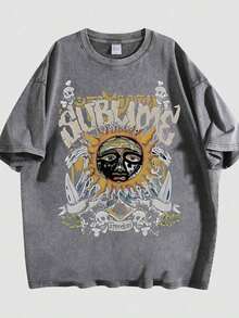 Retro Sun Face Skull Print, SUBLIM Band Style Free Theme Loose Short Sleeved Shirt Vintage Washed CottonT-Shirt Crew Neck Soft Tee For Men Women - 灰色 02 - 查看 14