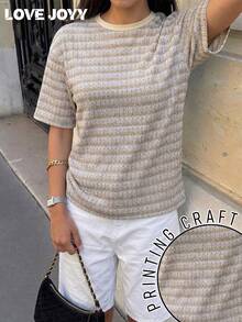 LOVE JOYY 女士时尚纹理条纹宽松短袖T恤，仿纹理印花撞色滚边休闲圆领上衣，通勤、日常外出、街头风及夏季穿着皆宜 - 彩色 - 查看 1