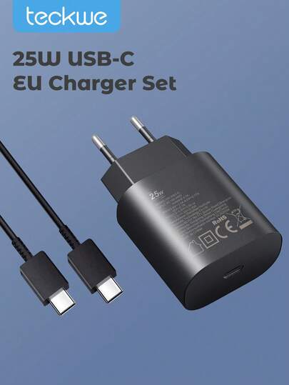 Teckwe Bộ sạc USB C 25W kèm cáp Type C sang C 1M, phích cắm EU, bộ chuyển đổi sạc nhanh PD.