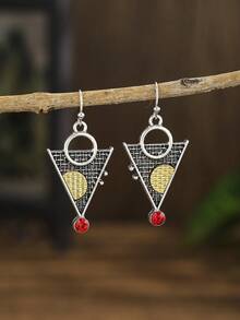 1 par de pendientes colgantes de estilo bohemio retro con diseño de triángulo y puesta de sol, adecuados para el uso diario de las mujeres - Plateado - Ver 2