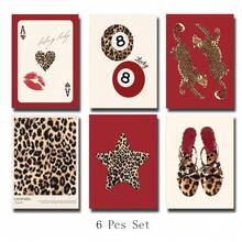 Set Of 6 Retro Red Leopard Theme Ace Card,Cheetah,8 Billiards,Geometric Pentagram And High Heels Art Canvas Posters Print,Modern Minimalist Luxury Aesthetic Gallery Wall Art Print,Great For College Dorm,Preppy Apartment,Home,Living Room,Bedroom Or Fashion Studios Wall Decor,No Frame - A - View 2