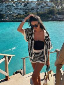 Senya Women's 2-Piece Set: Loose Striped V-Neck Drop Shoulder Short Sleeve Crochet Swimsuit Cover-Up And Elastic Waist Striped Black Shorts Spring/Summer Knit Outfit, Suitable For Commuting, Casual Vacation, Beach, Singles Party And Pool Party - Black and White - View 3