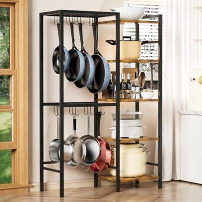 Organizador de ollas y sartenes de 5 niveles con ganchos, estantería de almacenamiento de cocina resistente, para utensilios de cocina, platos y cubiertos, organizador de estante de metal independiente para la cocina, la despensa o el comedor, regalo