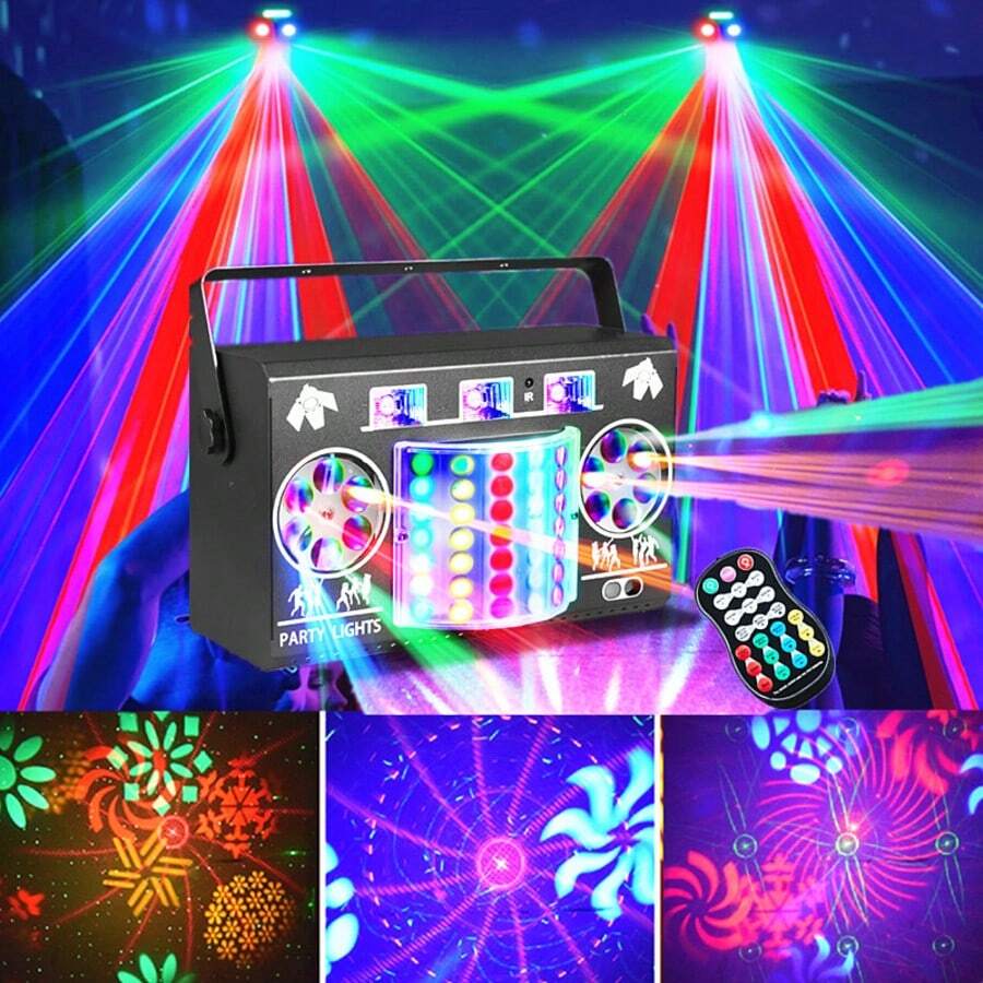 Luz de fiesta disco DJ, luz de proyección multifuncional 5 en 1 con control remoto y activación por sonido, soporte DMX512, adecuada para actuaciones en escenario, bar, KTV, fiesta de cumpleaños, boda, canto, regalo, iluminación festiva