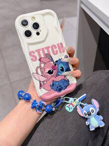 Disney Has Authorized, Phone Case - Chain Set, The Stitch Lilo & Stitch Phone Case Plus A Silicone 3D Or Fluffy Style Stitch Bracelet With Metallic Ring Removable Bracelet, Stitch And Angel Pattern, Compatible With Iphone 17/16/15/14/13/12/11/XS/XR/X Plus Pro Max, Wavy Design Phone Case For Girl, A Stylish Cartoon Summer Phone Case, The Perfect Gift Choice, Phone Protection, Durable Phone Cover, Great Gift For Friends And Family - 白色款式B - 查看 2