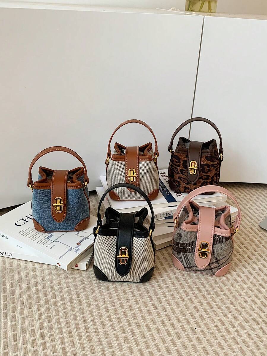 New Arrival Cute Mini Handbag, Contrast Color Lock Small Bucket Bag, Contrast Trim Compact Cosmetic Bag, Small Crossbody Bag, Accessory Pouch, Decorative Pouch, Evening Bag, Coin Purse - Denim Blue - View 1