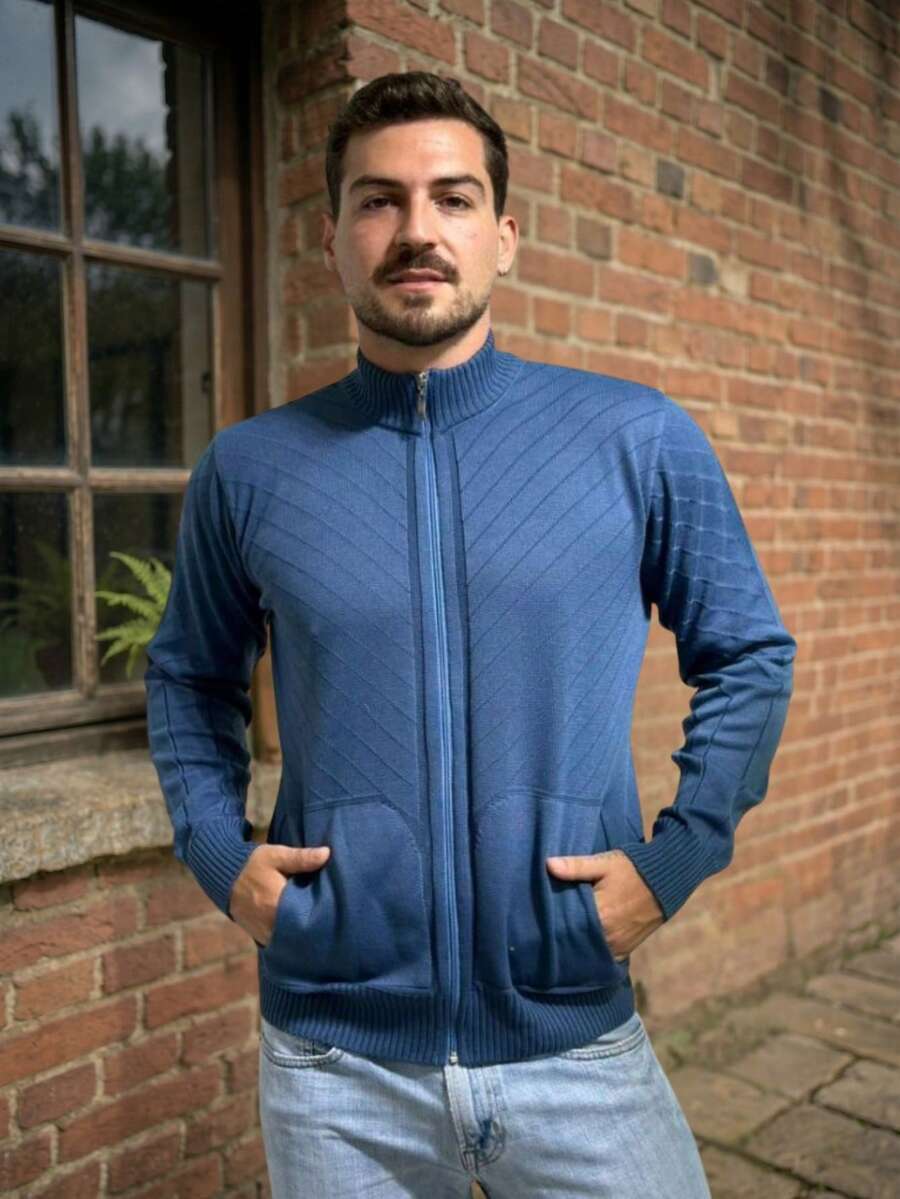 Men's Premium Knit Coat, Elegant Long-Sleeved Jacket For Winter - 藍色牛仔褲 - 查看 1