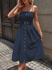 Vestido largo de tirantes para mujer, de color marrón oscuro, con cuello cuadrado y botones frontales.Incluye un cinturón ajustable con hebilla metálica, silueta favorecedora en A.Ideal para uso diario, trabajo y salidas de verano. - Azul marino - Ver 4