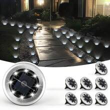 Conjunto de 4/8/10 focos solares para paisaje, luces de jardín LED de acero inoxidable para exteriores, luces solares de sendero impermeables de 8 LED que emiten una luz blanca suave y hermosa, adecuadas como regalo para fiestas. Apropiadas para patios, céspedes, caminos y campamentos, agregando un toque soñador a su jardín. - redondo - Ver 4