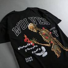 DARCSPORT American Retro Skull Rose Personalized Print Short-Sleeve Summer Cotton Top Couple T-Shirt For Men And Women - 黑色 - 查看 4