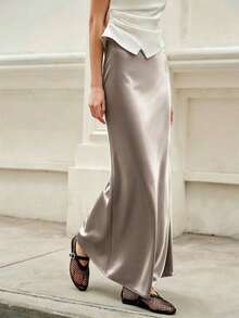 1pc Solid Color Casual Elegant Satin Zipper A-Line Skirt, Suitable For Daily Wear In Summer - Grayish Apricot - View 8
