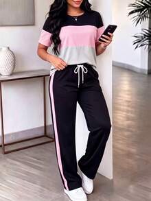 Women's Spring/Summer/Autumn New Crew Neck Striped Colorblock Short Sleeve T-Shirt & Casual Daily Elastic Waist Drawstring Colorblock Pants 2-Piece Set, Fashionable Colorblock Pocket Casual Loungewear Set, Summer Sports Casual Set, Comfortable For Outings - Black - View 2