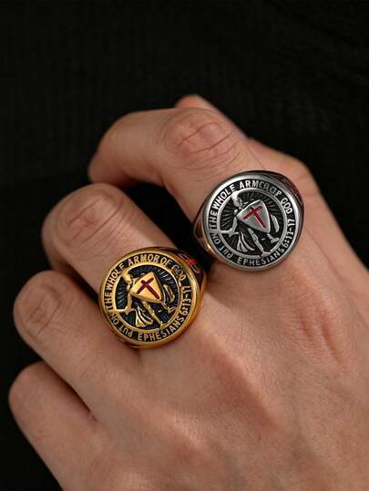 1 chiếc nhẫn nam bằng thép không gỉ kiểu cổ điển, hình khiên Hiệp sĩ Templar và Chữ thập đỏ dập nổi, thích hợp làm phụ kiện cho các buổi tụ họp bạn bè.