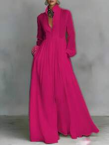Elegant French-Style Dress For Women, Fitted, Long-Sleeved, Plain Emerald Green, High Neck And Raglan Sleeves, Ideal For Vacation - 玫紅色 - 查看 10