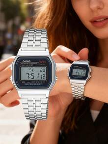 Casio 男女通用黑色金配色復古超薄輕量樹脂錶帶 LED 燈 秒錶 鬧鈴 日常防水 經典復古百搭石英電子錶 F-91WG-9 父親節禮物 - 銀色 - 查看 3
