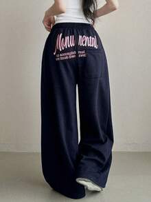 Comfortable Versatile Printed Casual Wide Leg Pants Spring - Navy Blue - View 5