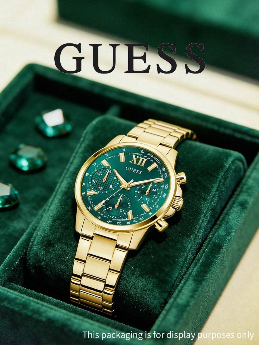 Reloj de mujer GUESS, elegante correa de cuero dorado y verde, esfera luminosa, caja de acero inoxidable, piel amigable, adecuado para oficina, eventos sociales, fiestas, aniversarios, citas, regalo del Día de la Madre, resistente al agua 50M - GW0933L6 - Verde - Ver 1