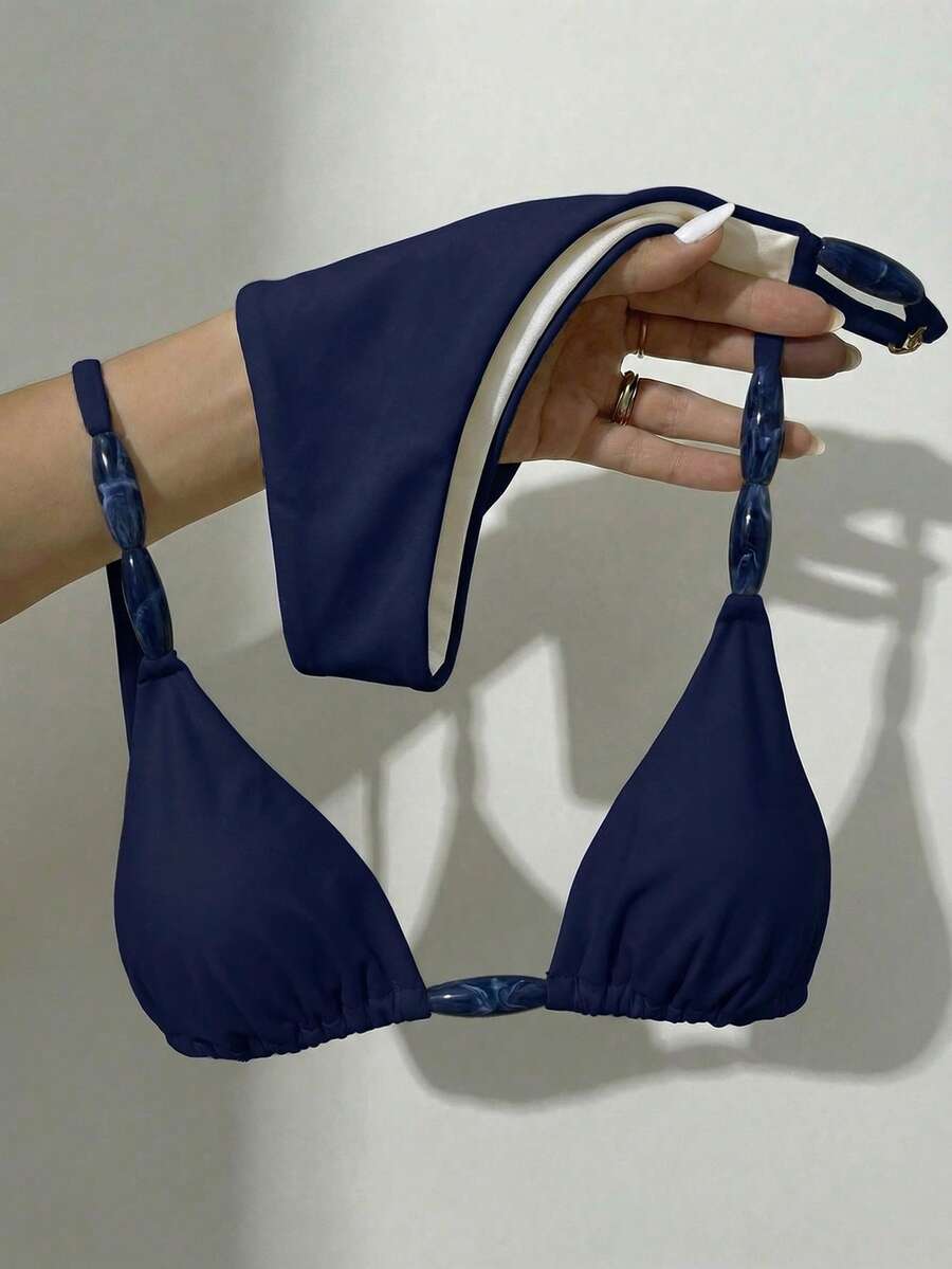 Bộ bikini thanh lịch dành cho nữ với dây đeo mảnh, thiết kế buộc thắt nút tạo vẻ ngoài thời trang và quyến rũ cho kỳ nghỉ hè trên bãi biển. - Màu xanh hải quân - Xem 1