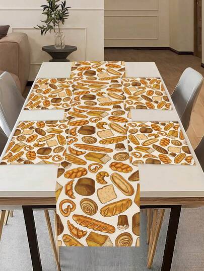 1pc Linen Table Runner With Bread Print, Suitable For Holidays, Parties, Birthdays, Dinners, Kitchen & Dining Room Decor, Dresser/Cabinet Cover, All Season Home Textile Decor