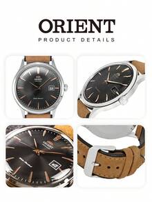 Orient 男士腕表，复古商务男士腕表，搭载F6724自动机械机芯，走时稳定可靠。这款男士腕表采用灰色旭日纹表盘，搭配玫瑰金时标。 - 黑色 - 查看 5