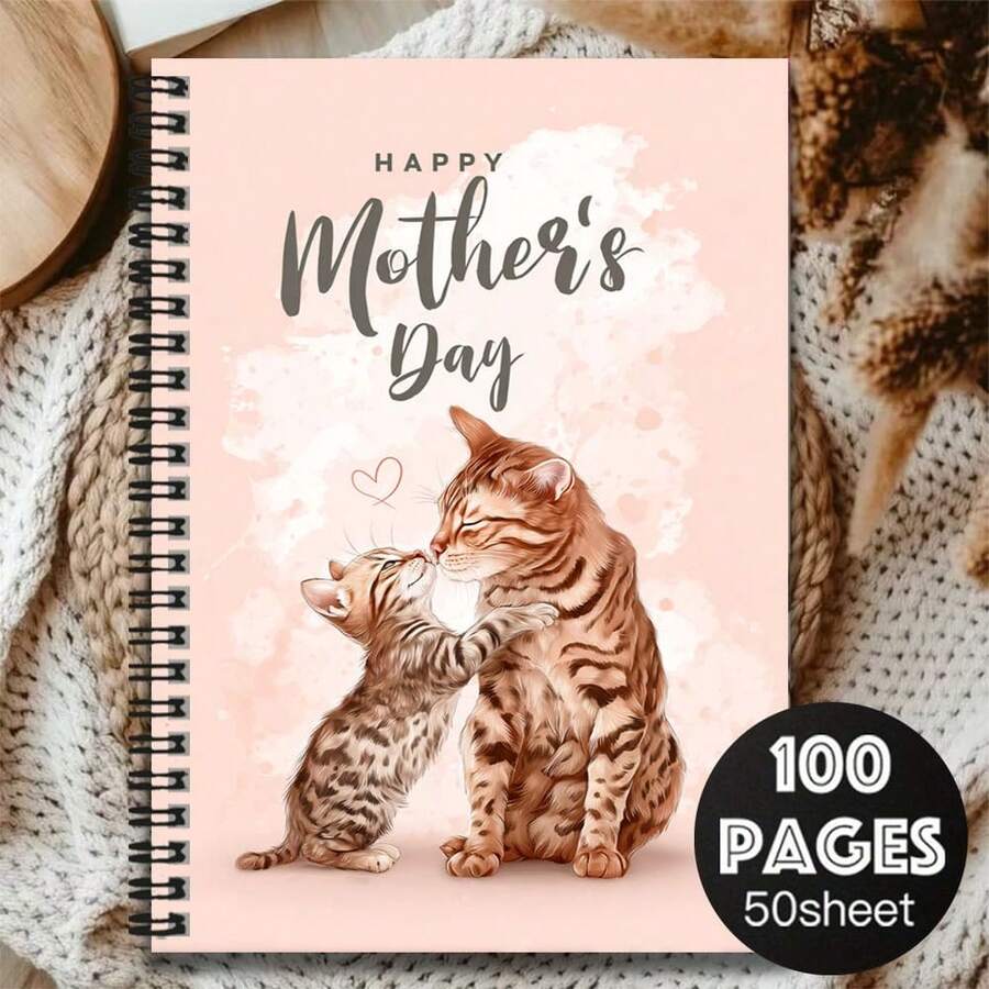 A Heartwarming Mother's Day Gift Spiral Notebook, Cover Featuring A Loving Cat Mother And Child Design, Showcasing Warmth. 100 Pages Of High-Quality Paper, Smooth Writing. Suitable For Work Records, Study Notes, Daily Planning, And Also A Thoughtful Gift For Graduation, Birthday, Mother's Day. - I - View 1