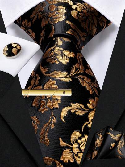 Men's Black Golden Floral Luxury Tie Set – Includes Pocket Square, Cufflinks & Gold Tie Clip, Festive Formal Necktie For Holidays