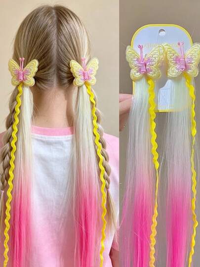 2pcs Girls' Cute & Charming Butterfly Embroidery Ombre Color Hair Clips, Street Style