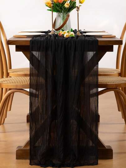 1 buc. Față de masă neagră din pânză de brânză, (aproximativ 3 m), eșarfă de masă Boho din pânză de brânză, potrivită pentru nunți, petreceri, cine festive, petreceri pentru copii, față de masă lungă de 118 inci (aproximativ 300 cm), potrivită pentru decorul mesei de Halloween