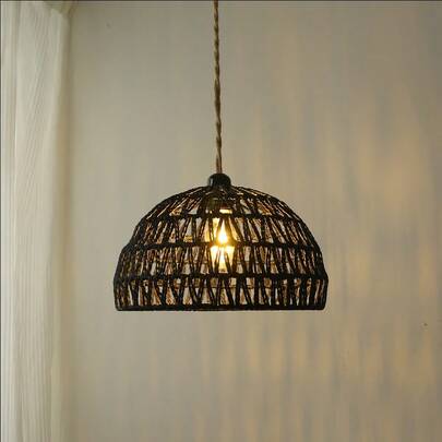 A Handmade Woven Natural Paper And Metal Black Lampshade, Bohemian Vintage Style, DIY Chandelier Accessory (Does Not Include Bulb, Lamp Holder, Or Hanging Wire), Suitable For Room, Homestay, Hotel, Restaurant Decoration, Cottage, Bedroom, Living Room, Kitchen, Bar Counter, Corridor, Cafe, Bar, Garden Decoration, Country-Style Lampshade.