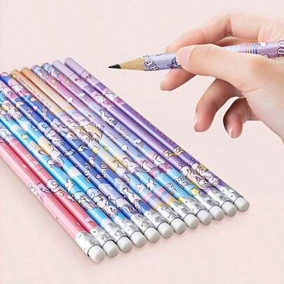 12pcs Cute Cartoon Unicorn Pencils - Random Style - HB Pencils For Students, Unicorn Pencils With Erasers