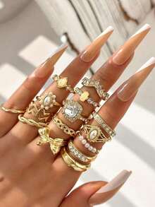 15pcs/Set European & American Ins Style Imitation Gemstone, Pearl Flower, Geometric Rhinestone, Bow Design Rings Set For Women - Vàng 3 - Xem 7