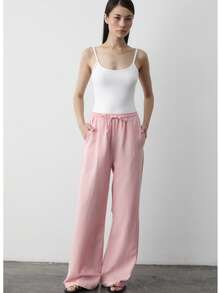 Women Linen Blend High Waist Drawstring Wide Leg Pants With Back Pockets Summer Casual Loose Trousers - Pink - View 4