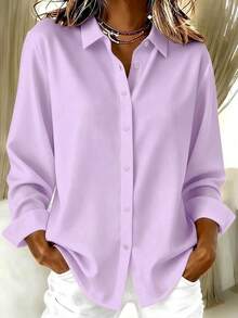 Kemeja Kasual Dasar Ukuran Plus Wanita Lengan Panjang Ringan dengan Kancing Depan - Lilac Purple - View 1