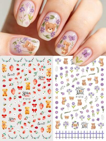 3D Cartoon Bear Strawberry Nail Stickers 2pcs Cute Teddy Bear Strawberry Fruit Purple Petal Floral Print Spring Summer Manicure Tip Design DIY Kawaii Y2K Self-Adhesive Salon Manicure Decal Slider Nail Decoration Nail Supplies