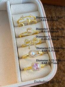 5pcs Elegant, Delicate, Gentle Geometric Bow, Star, Moon Faux Pearl Zirconia Inlaid Copper Ring Set, Unique Niche High-End, Suitable For Daily Commute, Events, Parties, Holidays, Fashion Gift - Vàng - Xem 5
