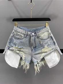 Tassel-Hole Denim Short Pants For Women - New Style, Elongates Legs,  For Girls, High-Waisted, Slimming, A-Shaped Wide-Leg Hot Pants - 淺藍色 - 查看 1