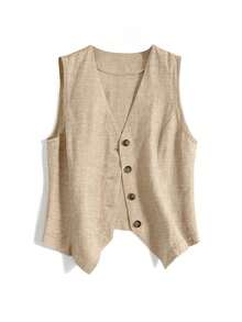 Women's Casual Linen Vest Jacket, Short Style, Suitable For Spring And Summer Vacation - Khaki - View 4