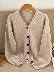 Women's Oatmeal Button Cardigan - Casual Fashion V-Neck Cardigan, H-Shaped Silhouette, Suitable For Spring And Autumn, Ribbed Detail Design, Button Closure, Breathable Fabric, Cardigan Style, Essential Knit Cardigan Jacket For Spring And Autumn, Soft And Slimming Layering Top - Khaki - View 7