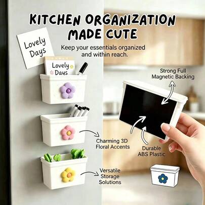 Cute Flower Magnetic Storage Box, Wall-Mounted Storage Box Without Drilling, Strong Magnetic Fridge Storage Container Suitable For Kitchen, Office, Bathroom, Desk Etc., Decorative Flower Magnet Storage Box