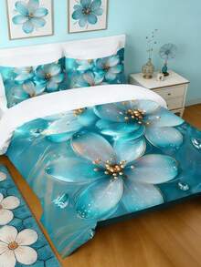 Blissful Bedding 三件套雨滴蓝花卉图案被套组，包含 1 个被套和 2 个枕套，采用 100% 涤纶面料，高清印花，柔软舒适，适用于卧室、客房、度假和露营。 - 彩色 - 查看 5