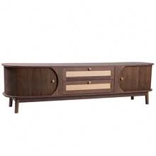 TV Stand - Natural Wood TV Stand With Doors And Drawers. TV Stand With Rattan Sides. Natural Rustic Style Storage Solution. - Brown - View 10