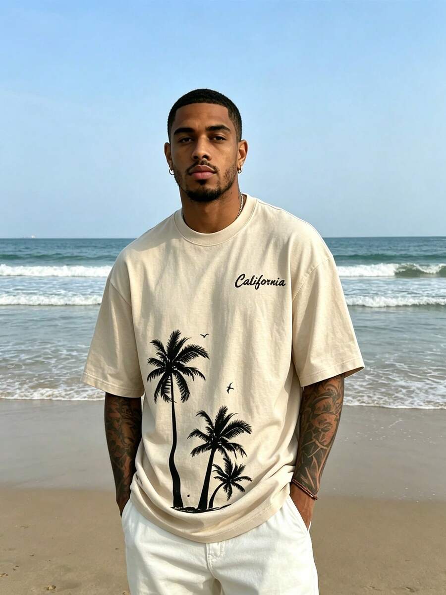 Plus Size Men's California Palm Tree Print T-Shirt, American Vintage Casual Beach Holiday Loose Short Sleeve Top - Apricot - View 1