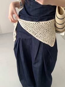 1pc Beige Polyester Hollow-Out Waist Skirt, Niche Versatile Summer Wear For Women - Beige - View 4