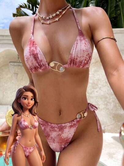 女士性感挂脖比基尼套装，系带腰泳裤，高弹面料，休闲风格泳装，舒适弹力面料，优雅沙滩泳装，适合夏季、女士度假、海滩旅行、假日派对、海边活动和时尚海滩泳池日。