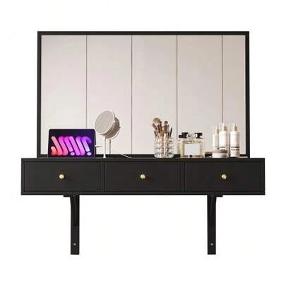 Wall-Mounted Vanity Unit With Mirror, 3 Drawers And Power Outlets, Tablet/Card Slot And Cup Holder; Black. Dimensions: 100 * 105 * 45 Cm (Width * Height * Depth).