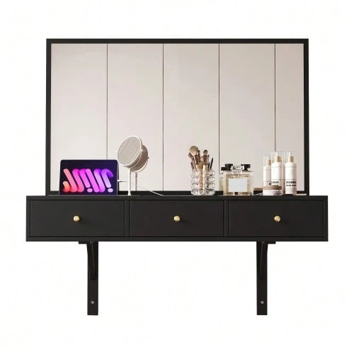 Wall-Mounted Vanity Unit With Mirror, 3 Drawers And Power Outlets, Tablet/Card Slot And Cup Holder; Black. Dimensions: 100 * 105 * 45 Cm (Width * Height * Depth). - Black - View 1