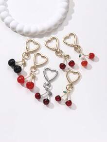 1pc Sweet Cherry Heart-Shaped Metal Keychain, Creative Realistic Fruit Charm, Girly Bag/Cup Pendant - Multicolor - View 1