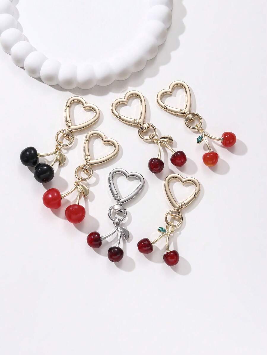 1pc Sweet Cherry Heart-Shaped Metal Keychain, Creative Realistic Fruit Charm, Girly Bag/Cup Pendant - Multicolor - View 1
